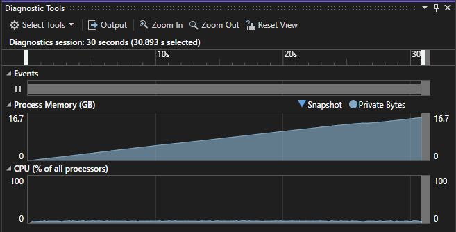 Screenshot of a diagnostics session in Visual Studio