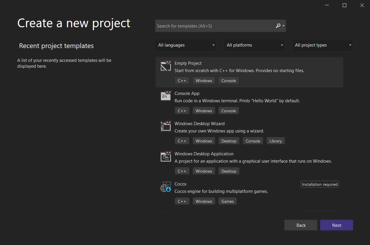 A screenshot of the visual studio window used to create a new project
