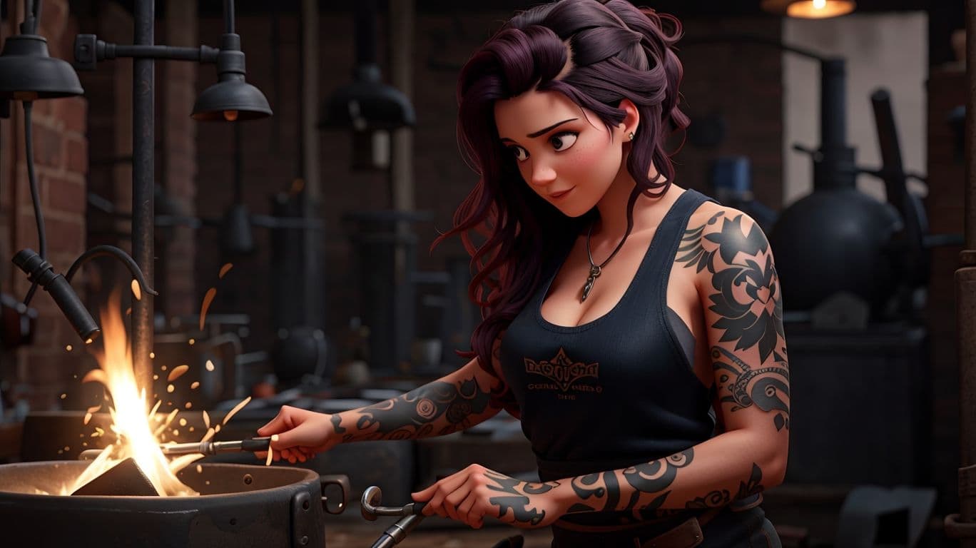 3D art showing a female blacksmith character
