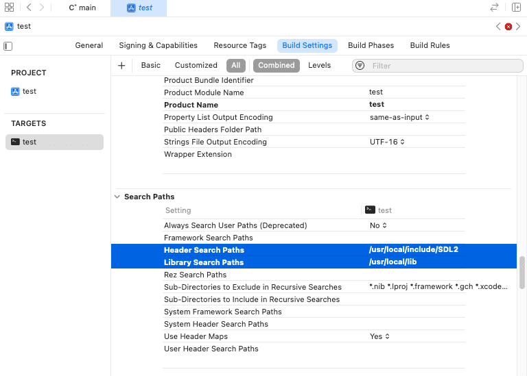 XCode settings menu - Build Settings